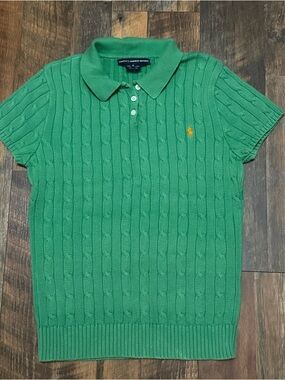 Y2K vintage Ralph Lauren Cable Knit Sweater Polo Shirt Green Short Sleeve sz XL